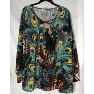 Crepas Women's Multicolor Peacock Long-Sleeve V-Neck Top w Keyhole Neck - XL